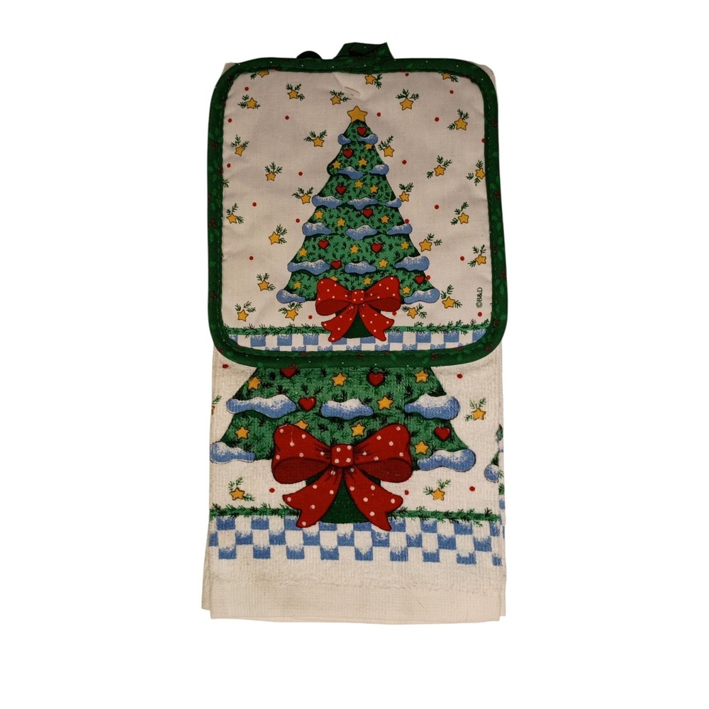 Vintage NOS B&D Christmas Tree Kitchen Dish Towel & Pot Holder Set